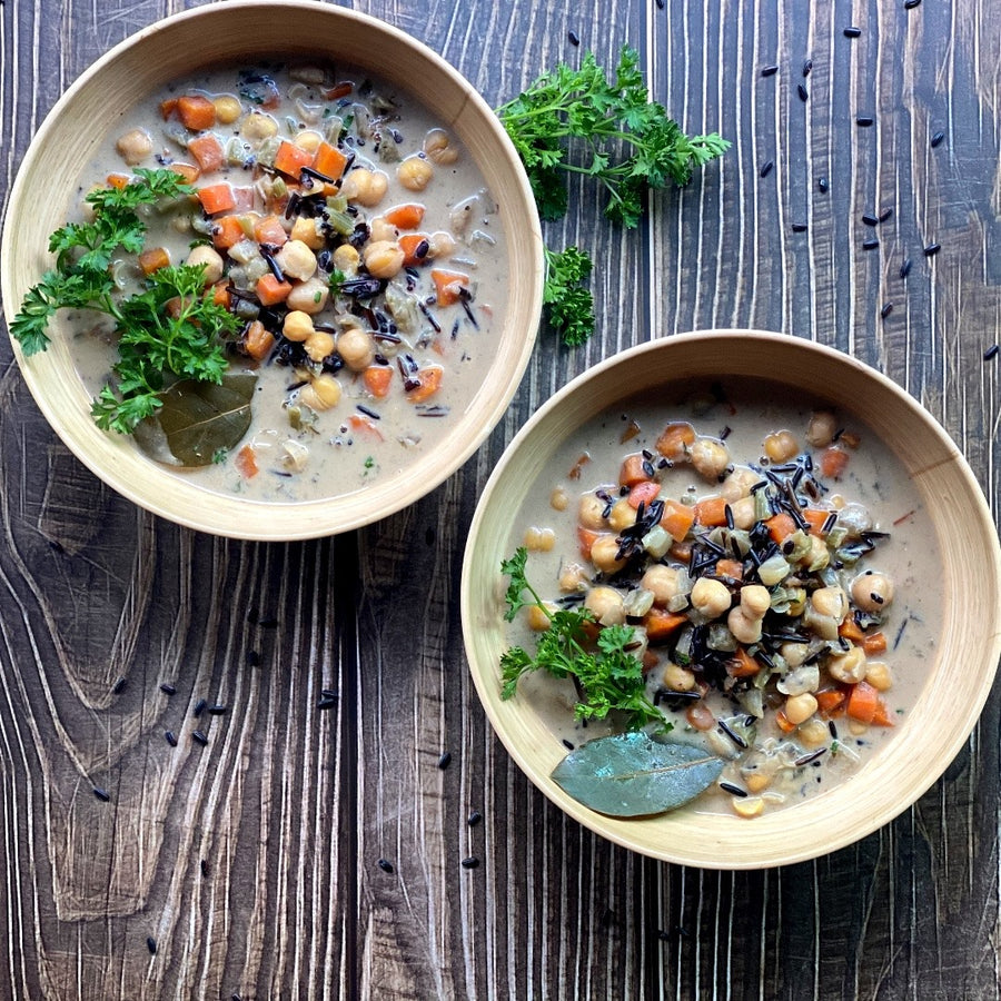 Creamy Wild Rice Chickpeas Soup Creamy, steamy, smooth and flavorful soup of succulent chickpeas, chewy nutritious wild rice, slowly simmered in lush creamy vegetable broth with carrots and celery, rosemary and thyme.