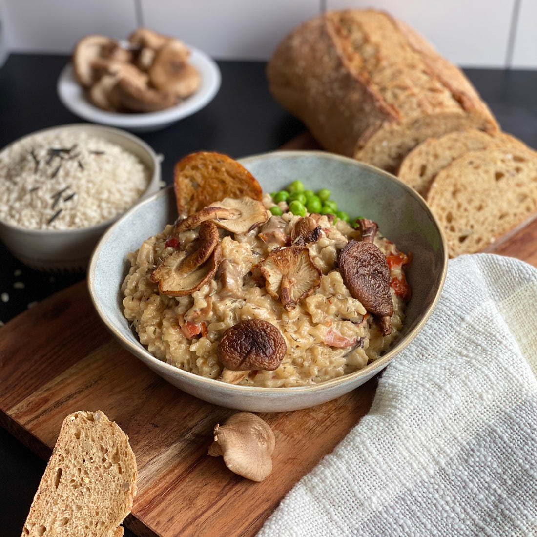 Creamy, silky, decadent, smooth, yet healthy and fortifying dish. Arborio rice  simmered in rich cheesy mushroom broth with herbs, mushrooms and peas makes simple, yet elegant meal.